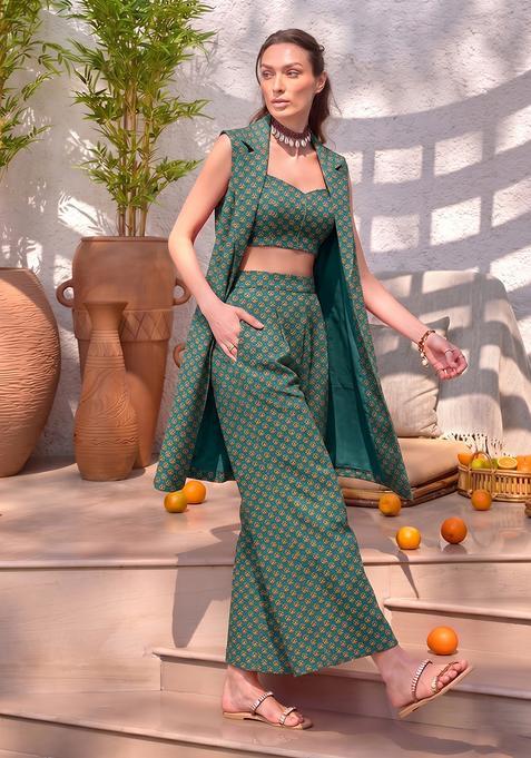 Bottle Green Printed Georgette Fusion Set