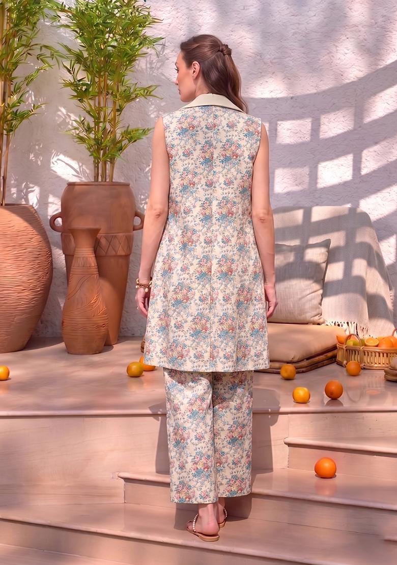 Off White Printed Georgette Fusion Set - Indya