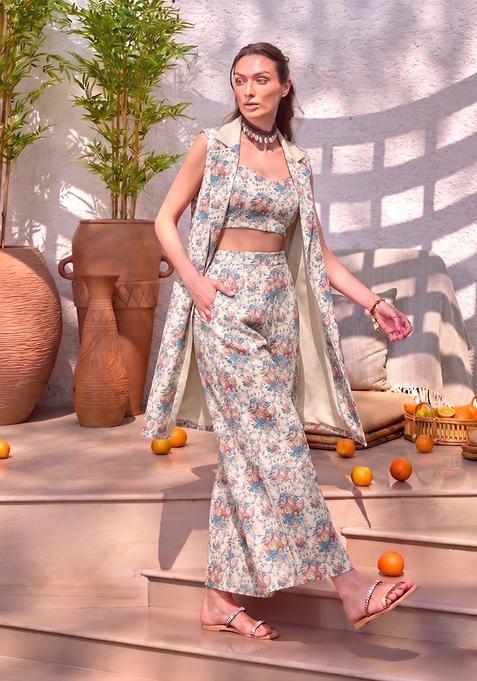Off White Printed Georgette Fusion Set
