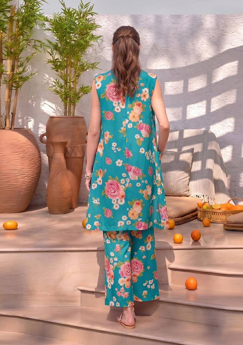 Teal Printed Satin Fusion Set - Indya