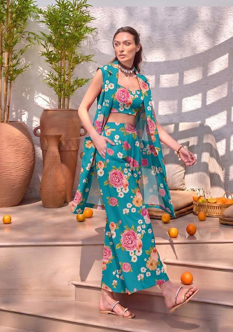 Teal Crepe Floral Print Fusion Set