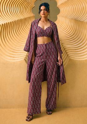 Maroon Printed Satin Fusion Set