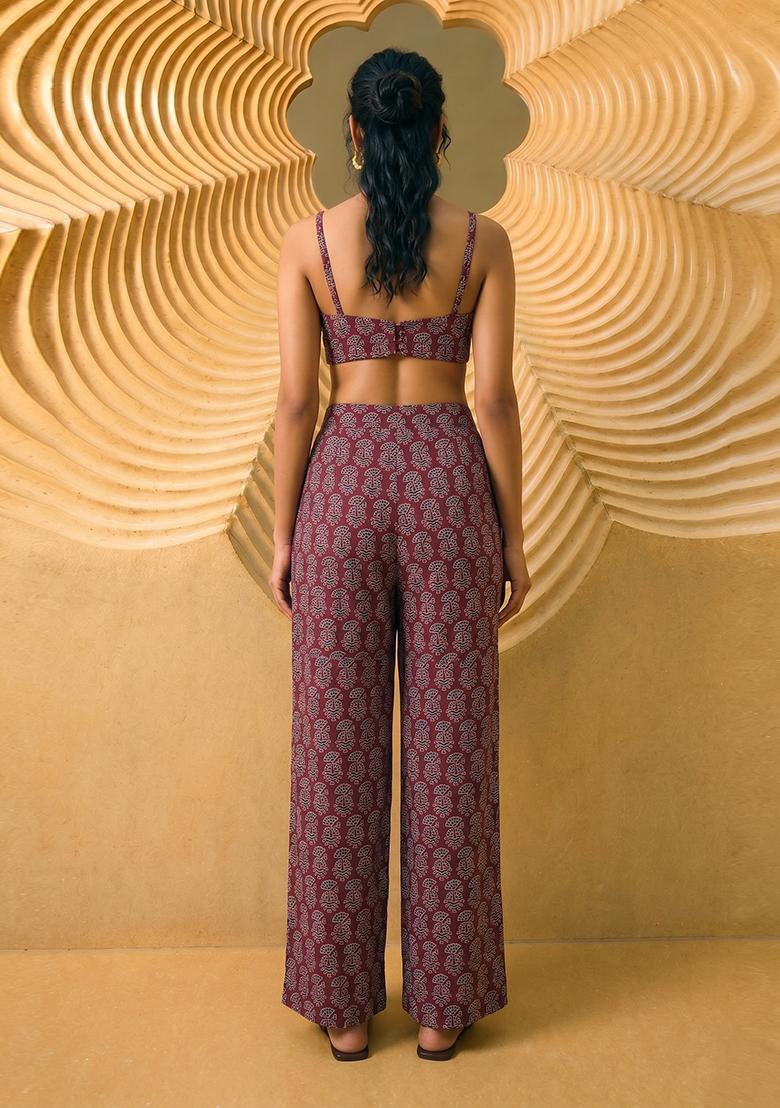 Maroon Printed Satin Fusion Set - Indya