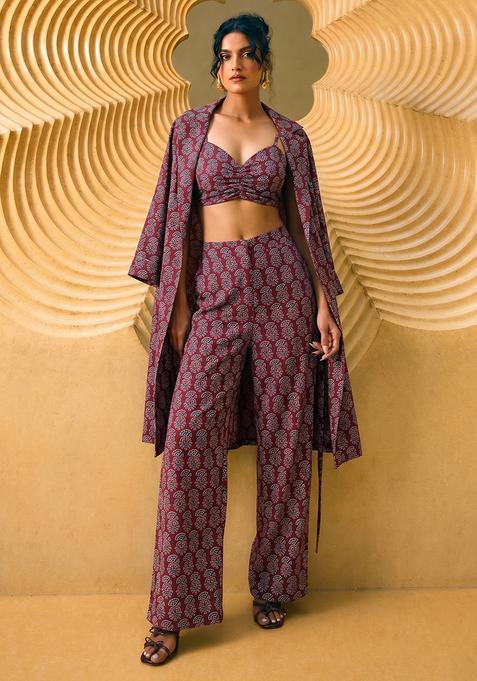 Maroon Printed Satin Fusion Set
