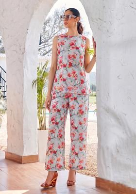 Bluish Grey Printed Satin Fusion Set