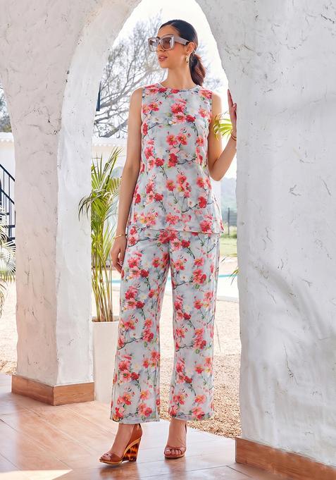 Bluish Grey Printed Satin Fusion Set