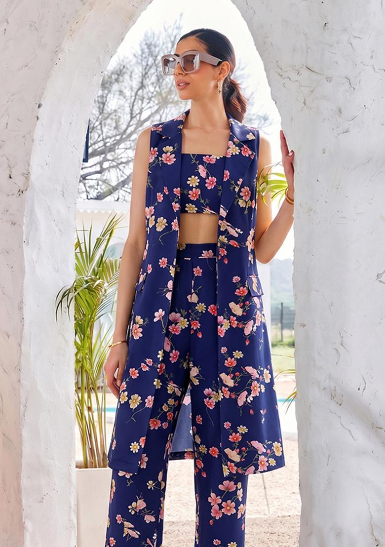 Royal Blue Printed Georgette Fusion Set - Indya