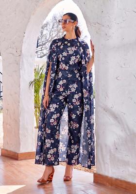 Navy Blue Printed Satin Fusion Set
