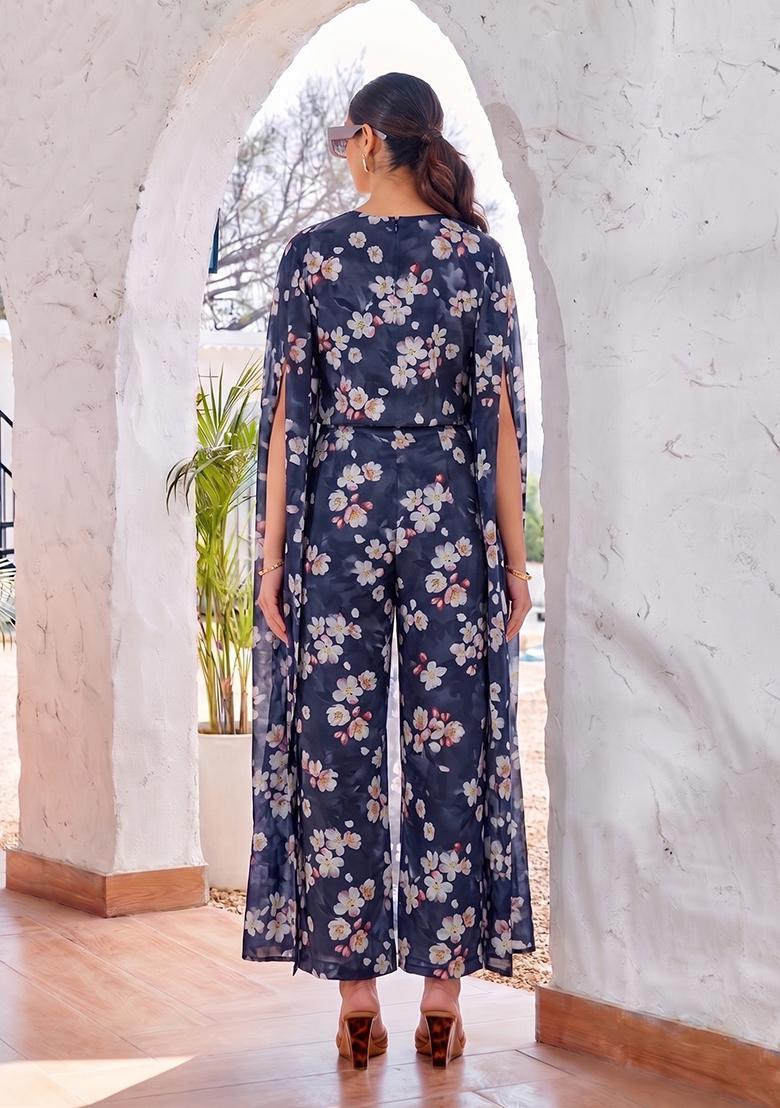 Navy Blue Printed Satin Fusion Set - Indya