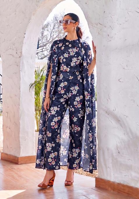 Navy Blue Printed Satin Fusion Set