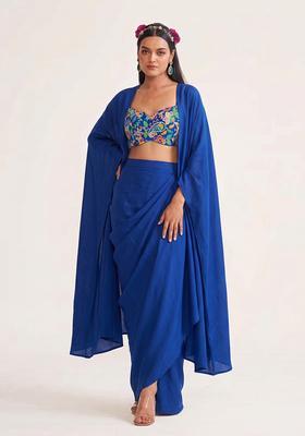 Royal Blue Printed Crepe Fusion Set