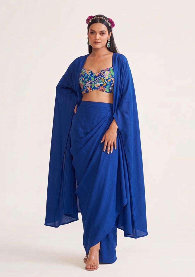 Royal Blue Printed Crepe Fusion Set - Indya