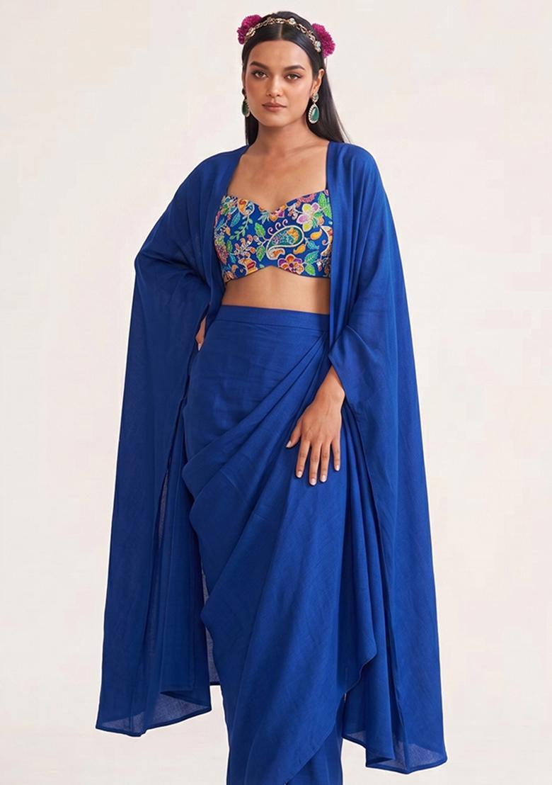 Royal Blue Printed Crepe Fusion Set - Indya