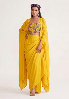 Lemon Yellow Printed Crepe Fusion Set