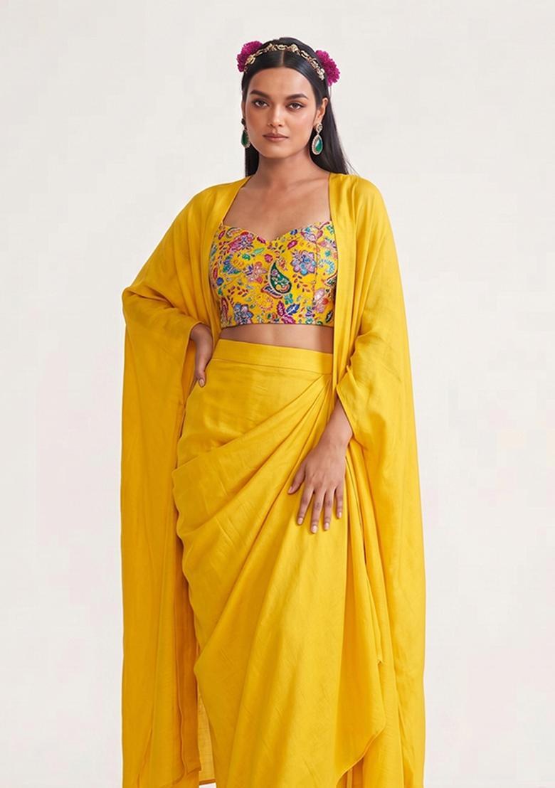 Lemon Yellow Printed Crepe Fusion Set - Indya