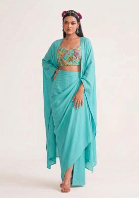 Turquoise Printed Crepe Lehenga Set