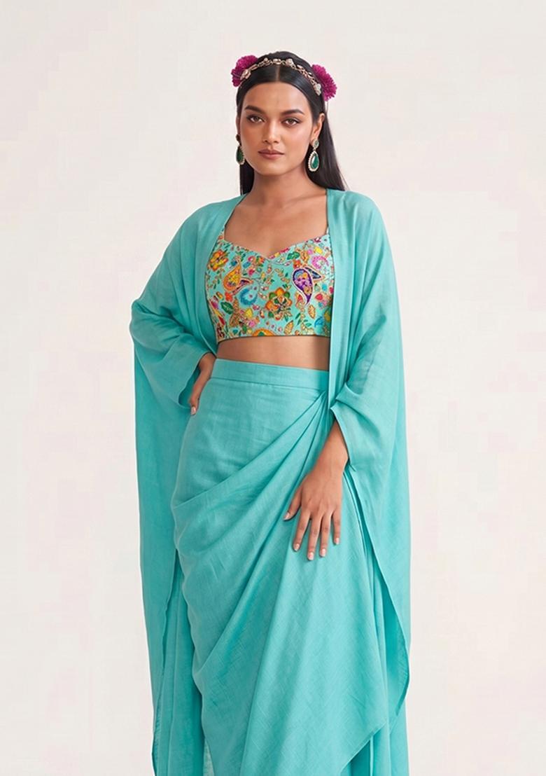 Turquoise Printed Crepe Lehenga Set - Indya