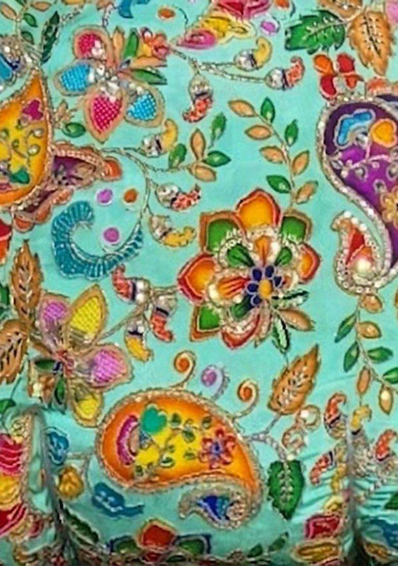 Turquoise Printed Crepe Lehenga Set - Indya