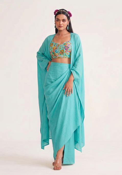Turquoise Silk Blend Embroidered Handwork Lehenga Set