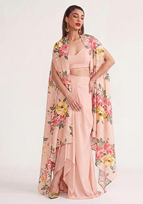 Peach Pink Printed Organza Fusion Set