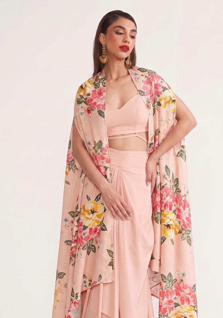 Peach Pink Printed Organza Fusion Set - Indya