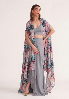 Dove Grey Georgette Floral Print Fusion Set