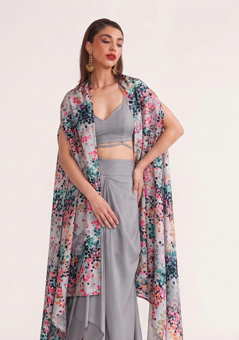 Dove Grey Georgette Floral Print Fusion Set - Indya