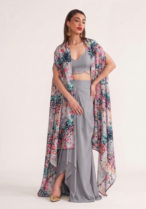Charcoal Grey Georgette Floral Print Fusion Set