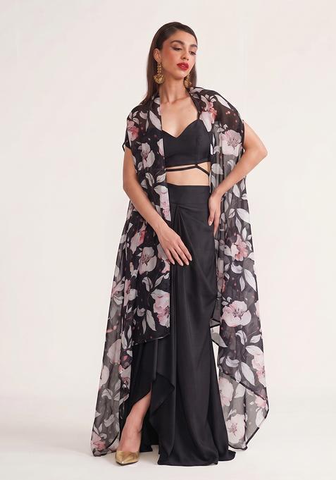 Black Georgette Floral Print Fusion Set