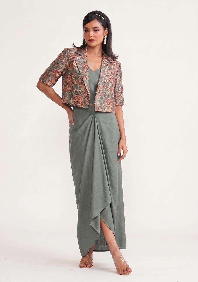 Sage Green Printed Poly Blend Fusion Set - Indya