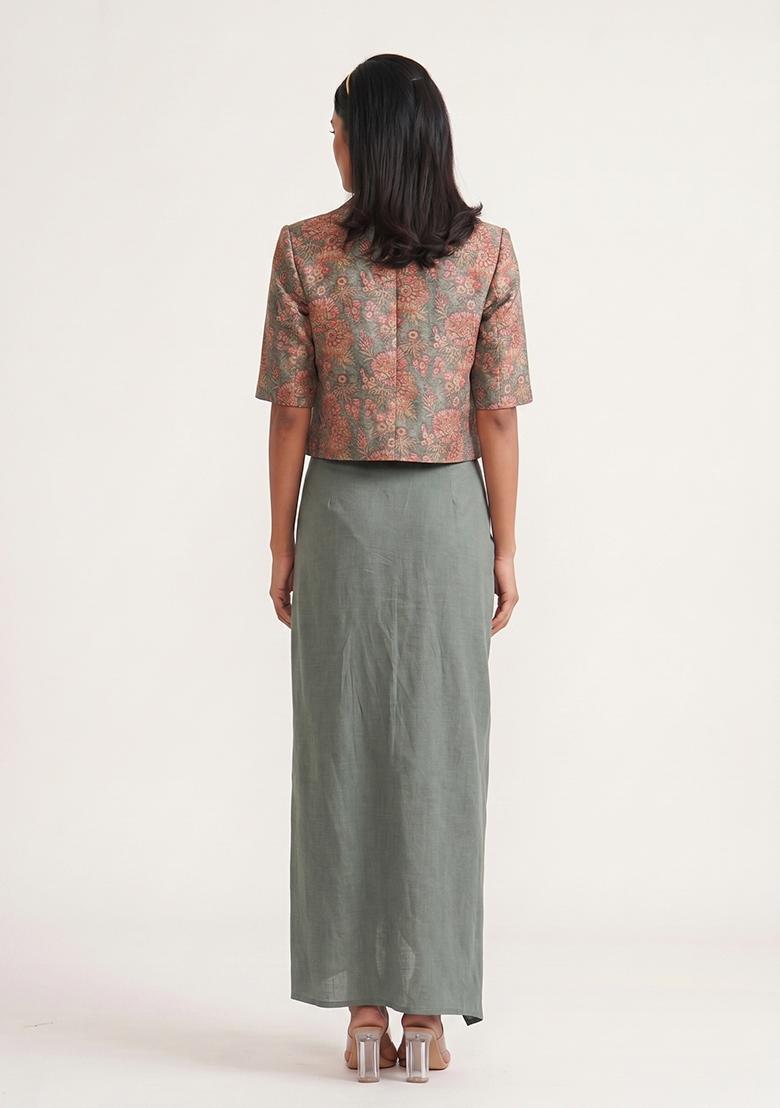 Sage Green Printed Poly Blend Fusion Set - Indya