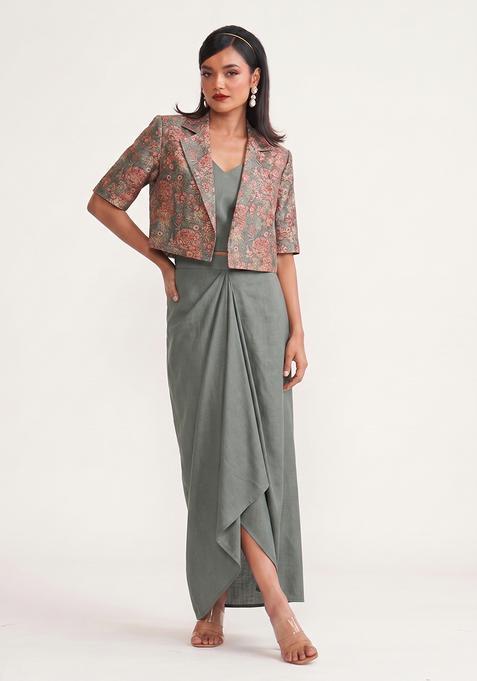Sage Green Silk Blend Floral Print Fusion Set
