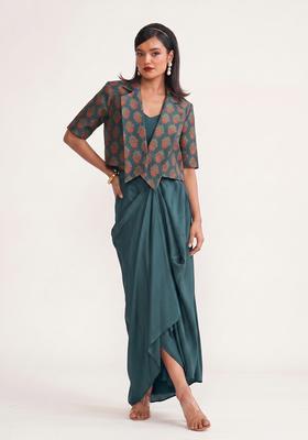 Teal Green Printed Poly Blend Fusion Set