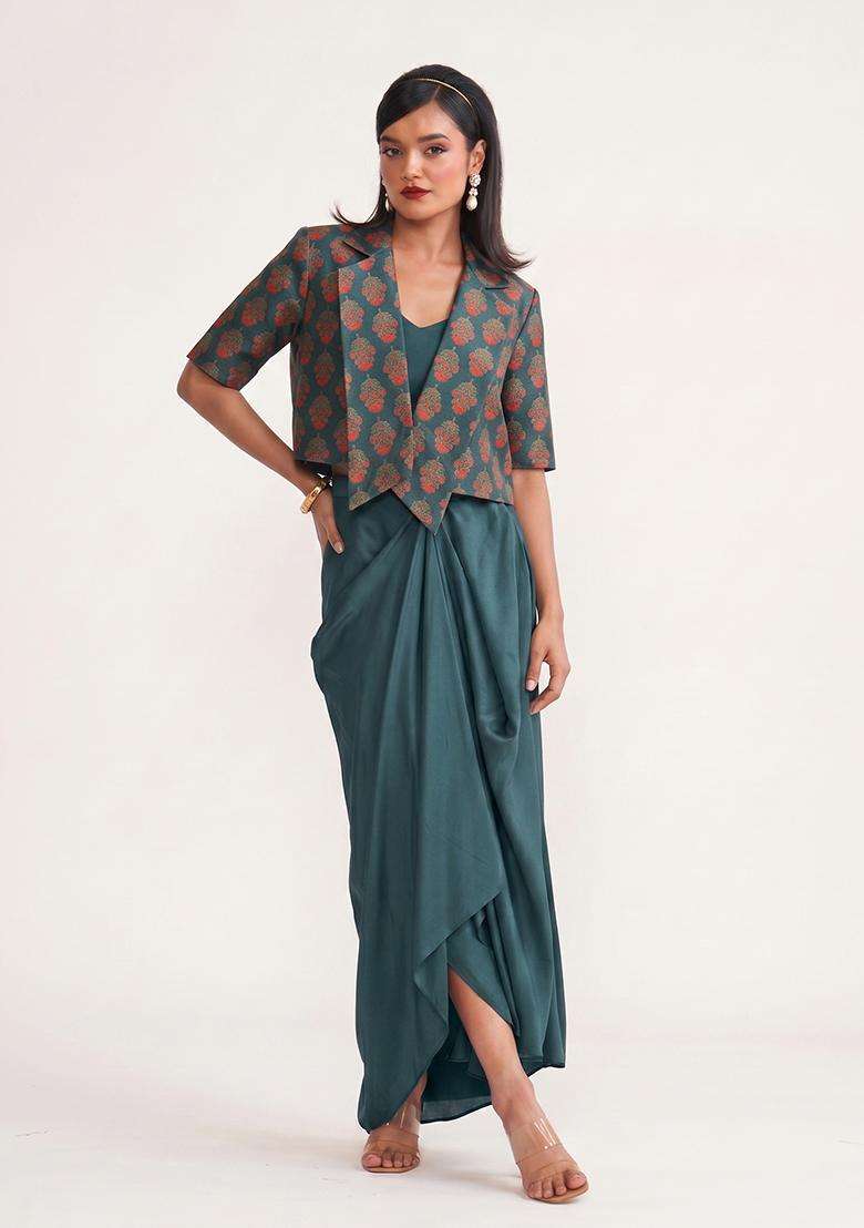Teal Green Poly Blend Fusion Set with Printed for Diwali | Wedding & Festive Wear - Indya