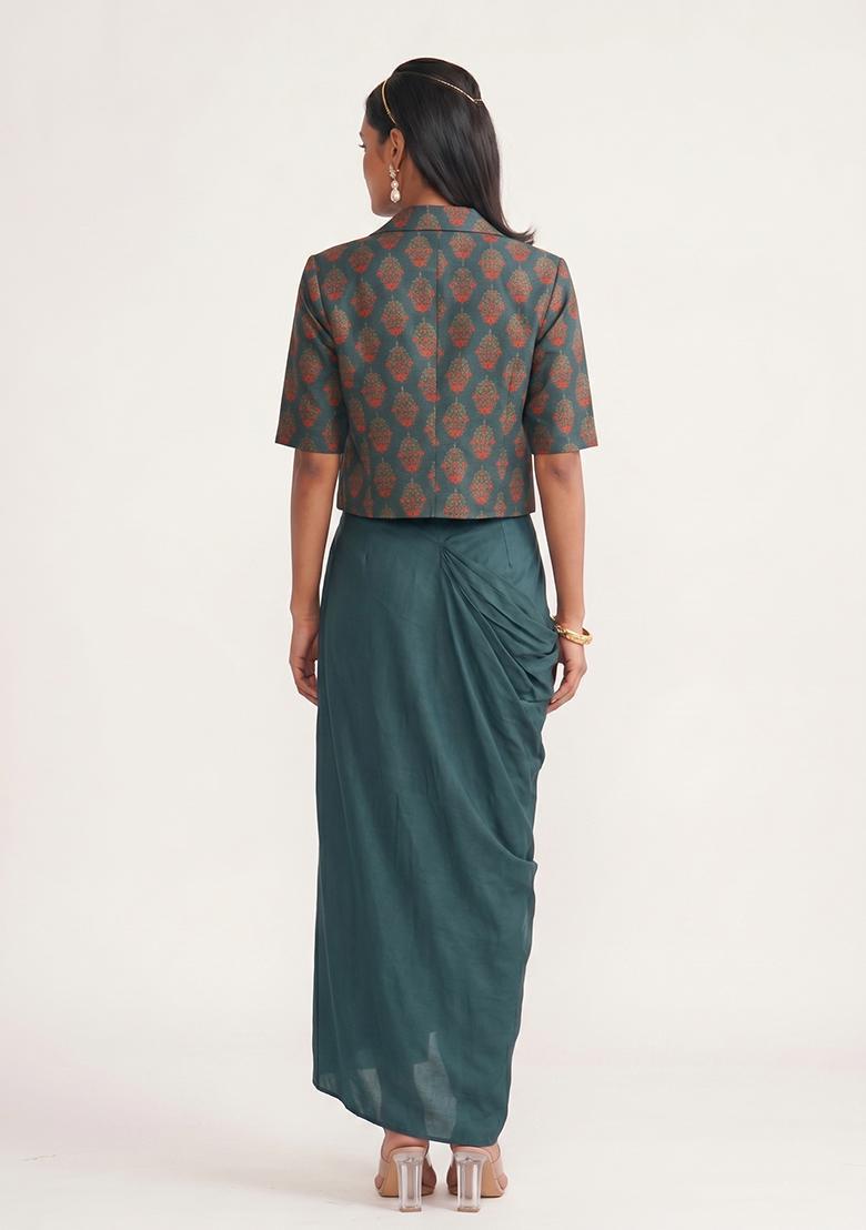 Teal Green Printed Poly Blend Fusion Set - Indya