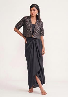 Black Jacquard Printed Silk Fusion Set