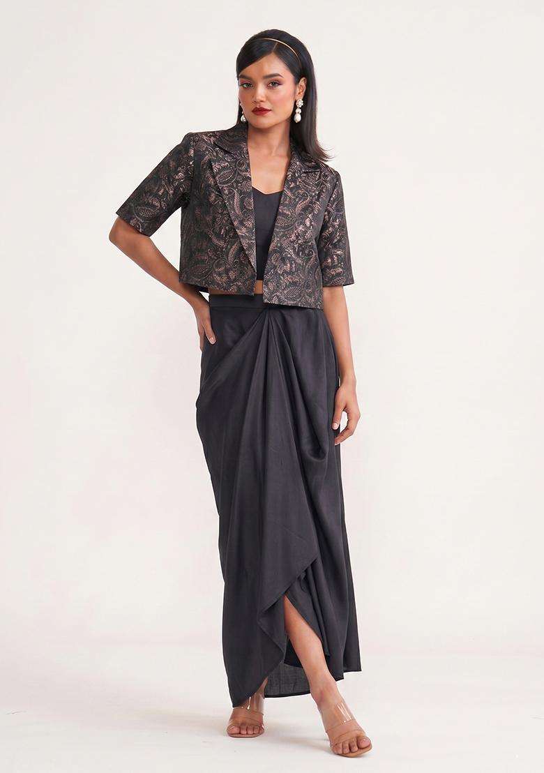 Black Jacquard Printed Silk Fusion Set for Diwali and Festive Wear - Indya