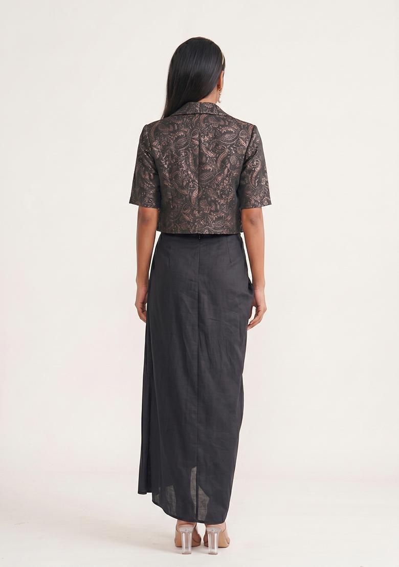 Black Jacquard Printed Silk Fusion Set - Indya