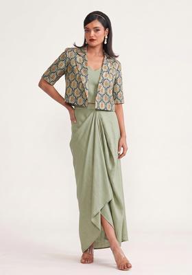 Olive Green Printed Silk Fusion Set