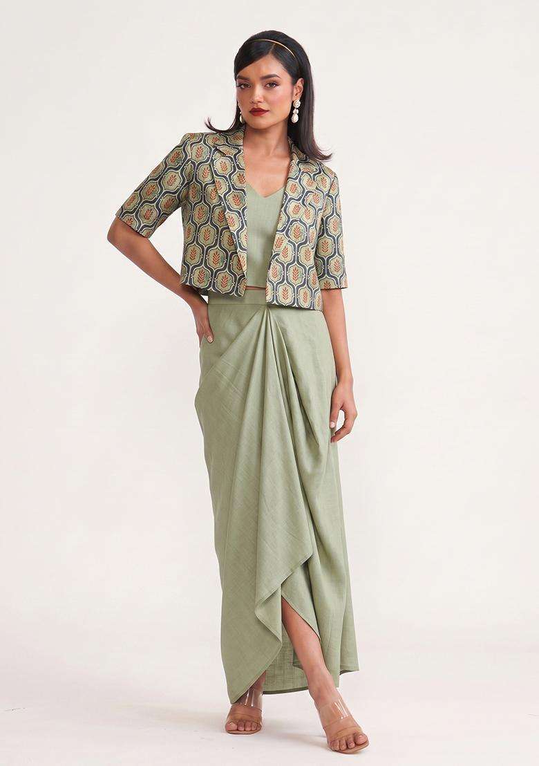 Olive Green Printed Silk Fusion Set - Indya