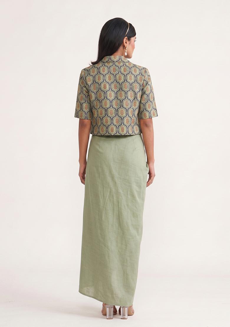 Olive Green Printed Silk Fusion Set - Indya