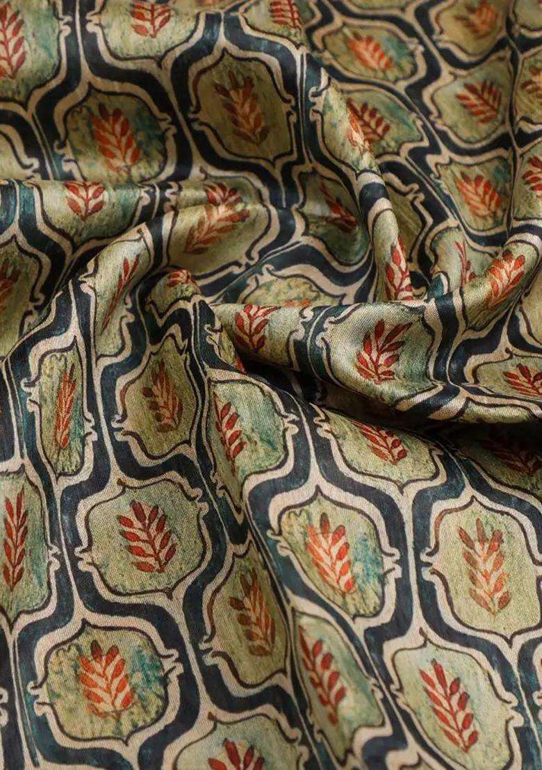 Olive Green Printed Silk Fusion Set - Indya