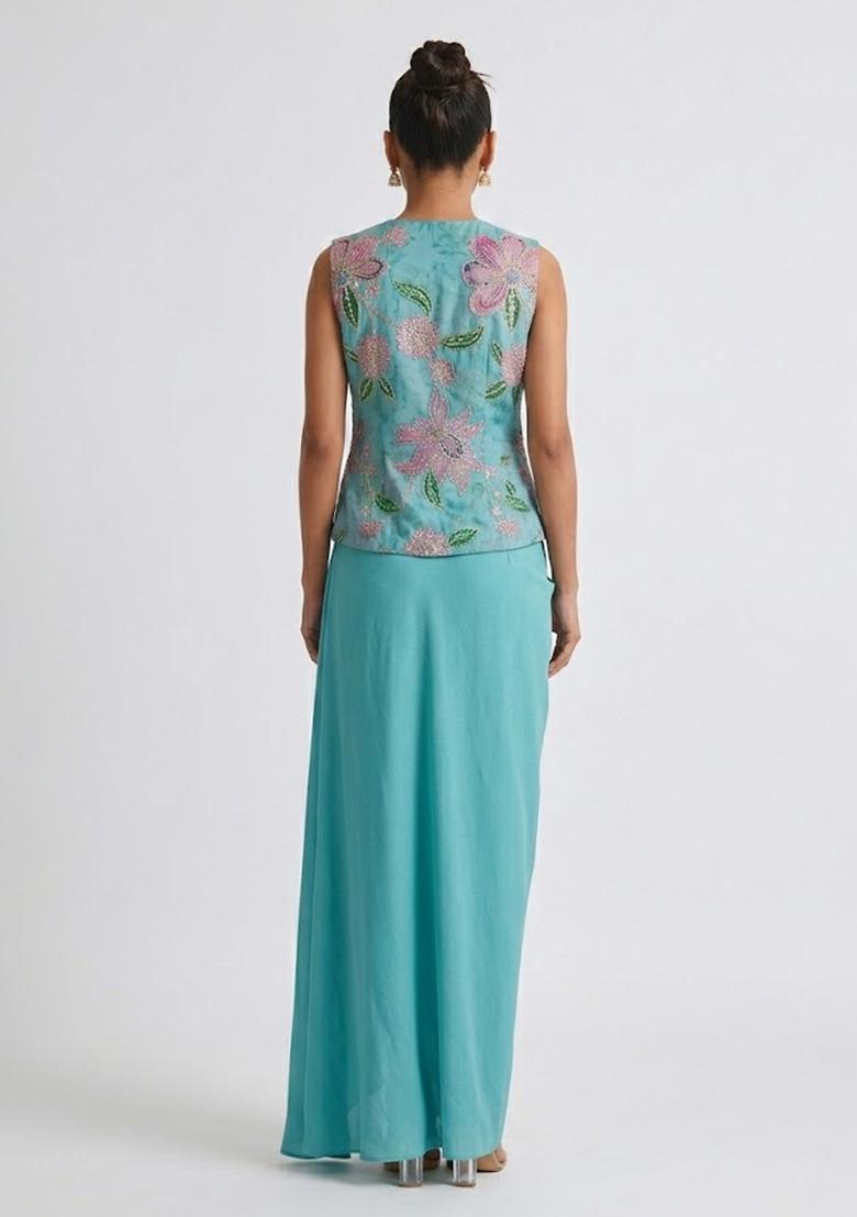 Teal Blue Printed Tissue Fusion Set - Indya