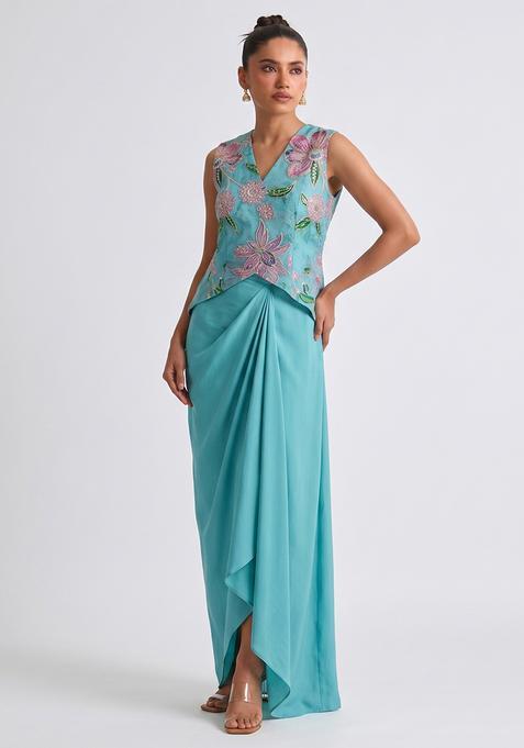 Teal Blue Silk Blend Embroidered Handwork Fusion Set