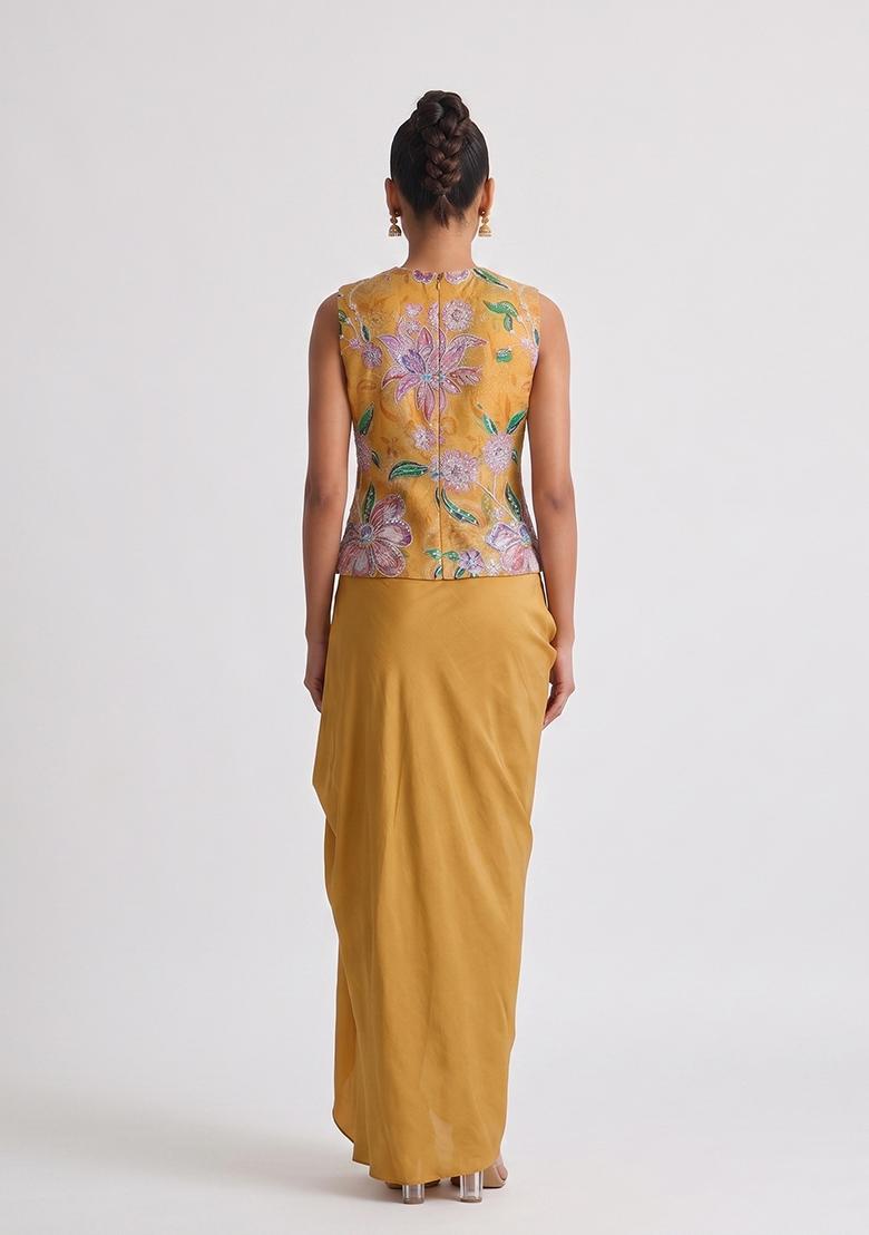 Mustard Printed Tissue Fusion Set - Indya