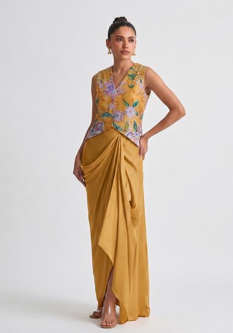 Mustard Silk Blend Embroidered Fusion Set