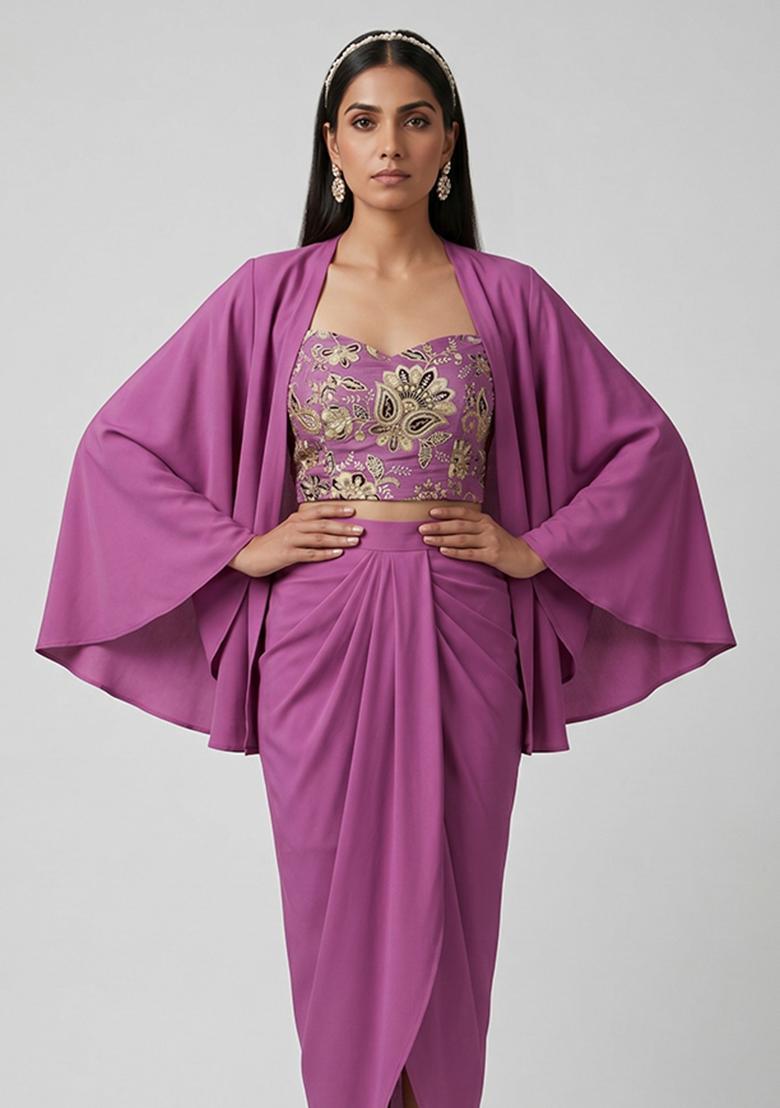 Mauve Embroidered Crepe Fusion Set - Indya
