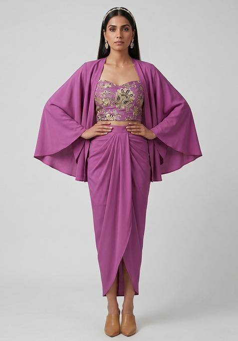 Mauve Silk Blend Embroidered Fusion Set