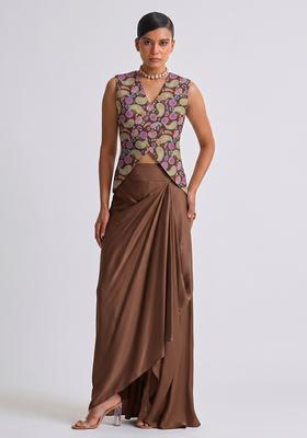 Chocolate Brown Printed Crepe Fusion Set