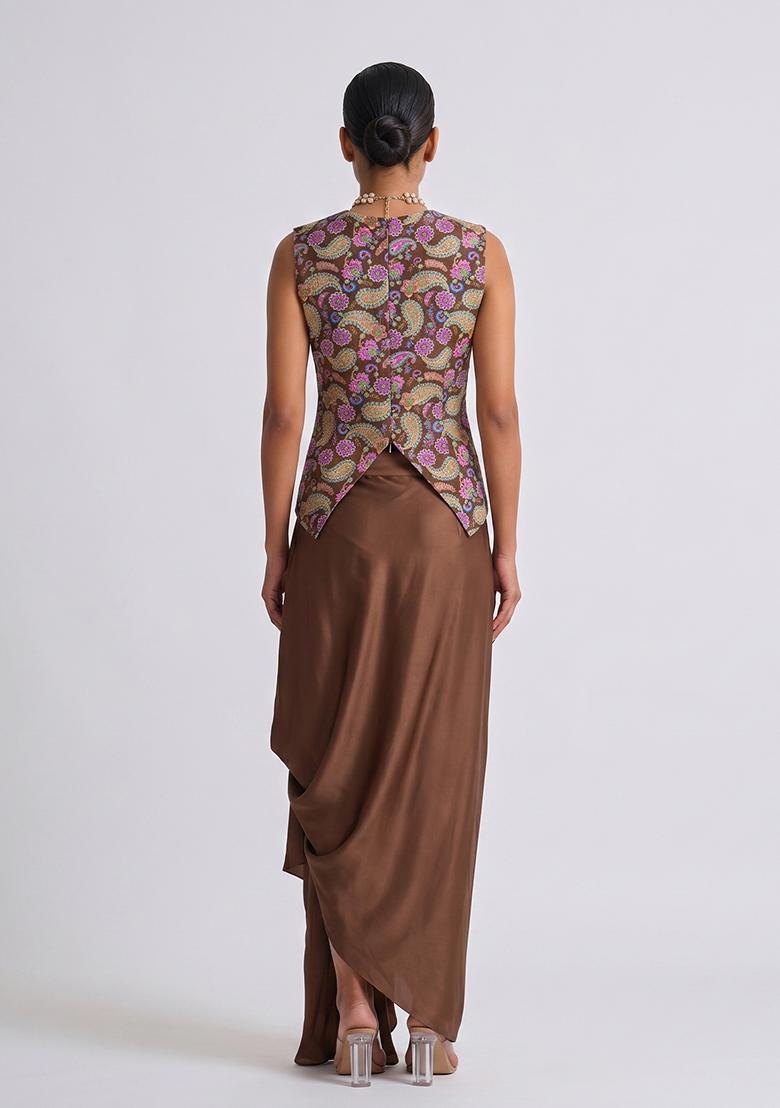 Chocolate Brown Printed Crepe Fusion Set - Indya